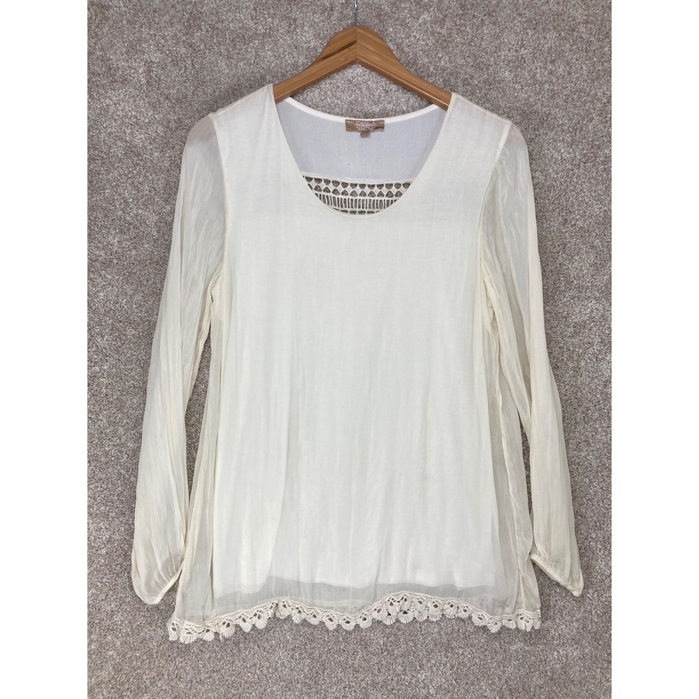 Carla Conti Silk Crochet Lace Trim Tunic Blouse Women L Cream Sheer Cottagecore